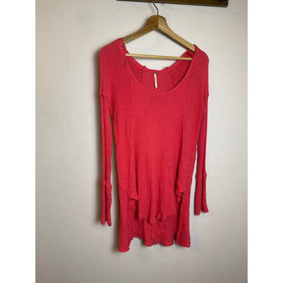 Free People Coral Poppy Red Drippy Ventura Waffle Knit Thermal Top Size XS - Picture 2 of 4